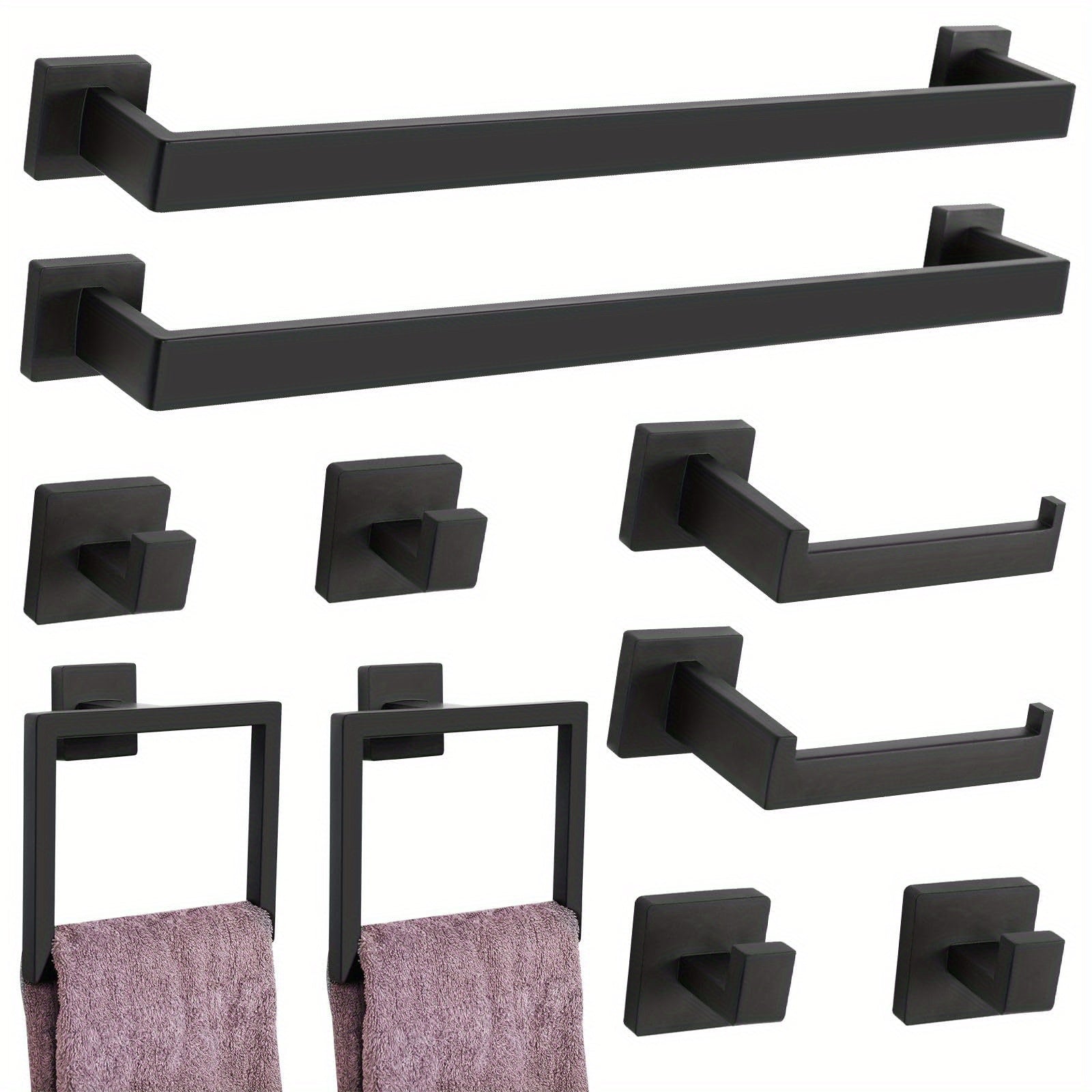 2/5/10/15-Piece Black SUS304 Wall Mount Bathroom Towel Rack &amp; Accessory Set - Includes 16" Towel Bar, Towel Ring, Tissue Holder &amp; Hooks, for Bath/Hand Towels, Matte Black Bathroom Hardware Set, Toilet Paper Holder, Towel Rack