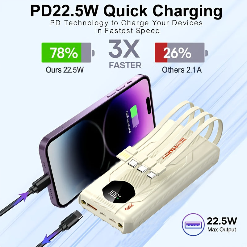 新款酷炫時尚10000mAh移動電源，PD22.5W超級快充，內建4合1線，LED手電筒，超薄便攜充電器，帶USB-C輸入/輸出，流線型機甲設計外接電池組。相容智慧手機、平板電腦、智慧手錶、加熱服裝和其他裝置。輕薄外接移動充電器，具有未來美學。行動式電池，內建線纜，便攜電池，隨時隨地充電，應急電源