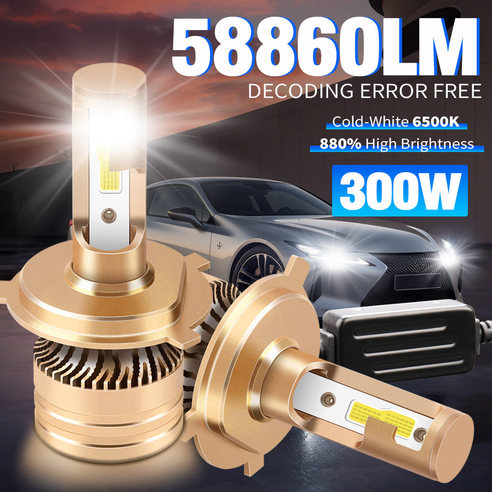 2-Pack H1 H7 H11 9005 9006 H4 LED Car Bulbs Canbus Vehicle LED Light High/Low Beam Fog Light 58860 Lumens 300W Ultra-Bright CSP Chip Anti-Glare Technology 800% High Brightness Easy Installation Cool White 6500K
