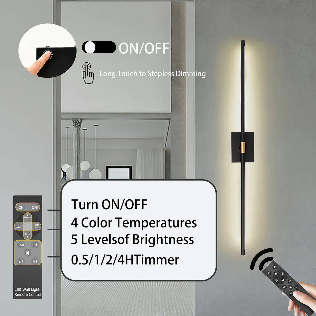 Battery-powered wall light set: 3600mAh rechargeable wall light with remote control, 360° rotatable cordless wall light decoration, suitable for TV/mirror bedroom living room, plastic base metal lamp tube
