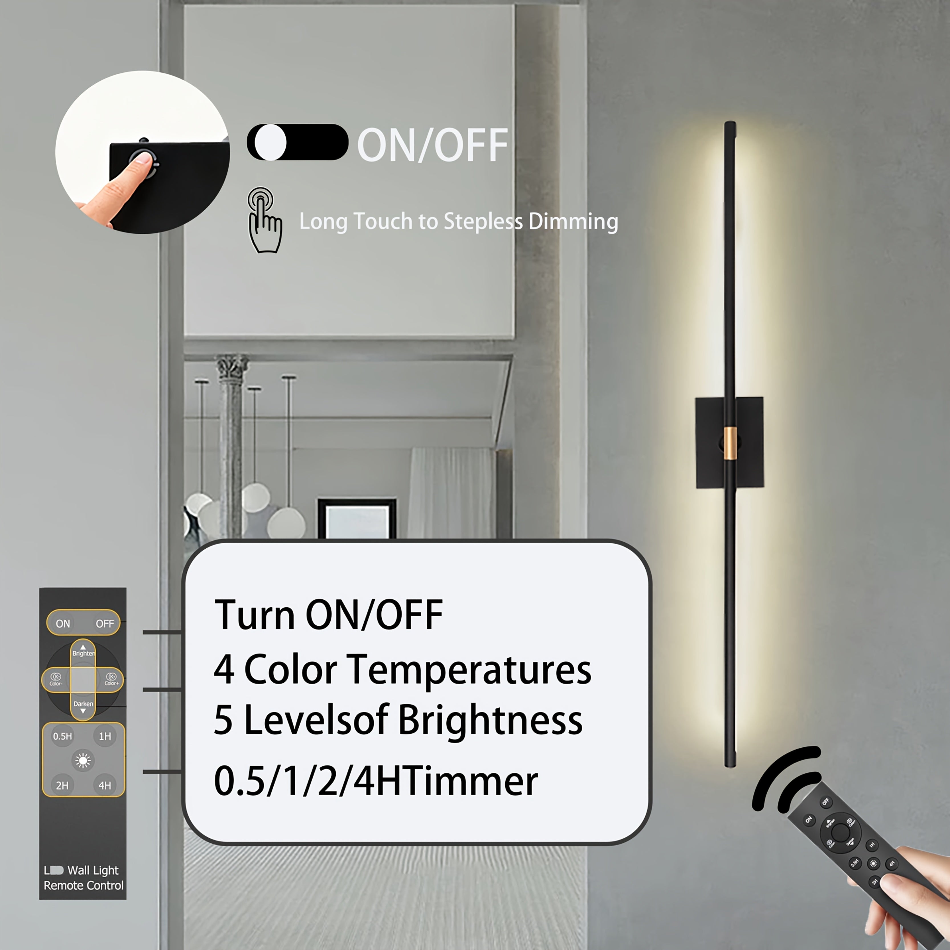 Battery-powered wall light set: 3600mAh rechargeable wall light with remote control, 360° rotatable cordless wall light decoration, suitable for TV/mirror bedroom living room, plastic base metal lamp tube