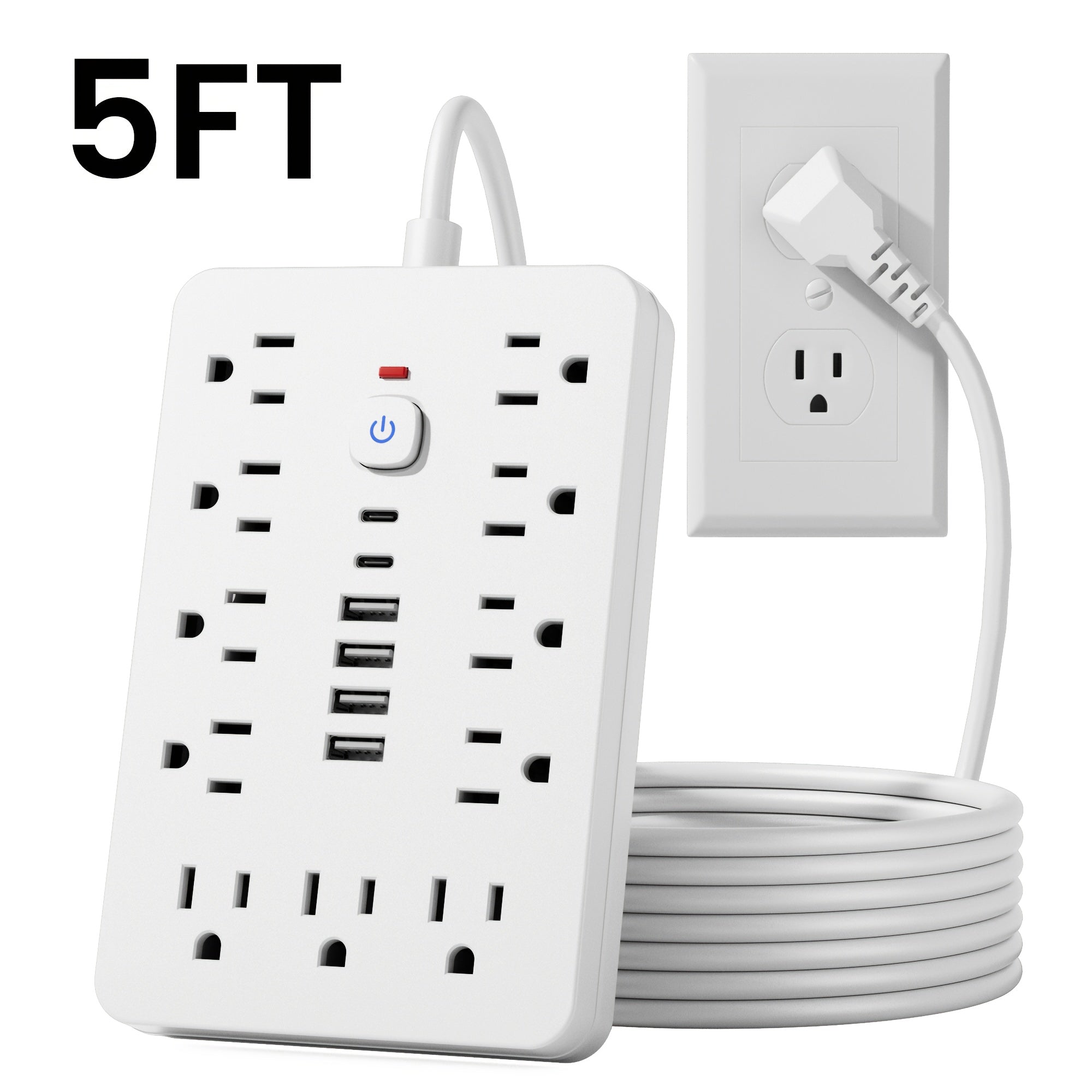 This Power Hub Features 11 Individual Outlets, Lengths of 5FT And 10FT, Along with 4 USB Ports And 2 USB-C Ports. It Has a Flat Plug Design, Can Be Mounted on The Wall, And Is Equipped with Overload Protection, Making It Ideal for Home Or Office Use