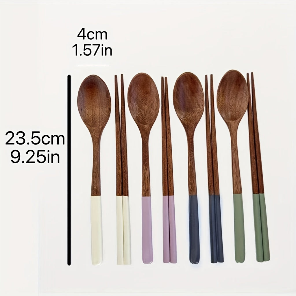 4-Piece Japanese Macaron Color Series Wooden Long Handle Colored Spoon & Chopstick Set – Handmade Reusable Cutlery Set – Essential for Christmas, Halloween, Easter Holidays – Durable Home Tableware Necessity – Perfect for Kitchen & Dining Room/