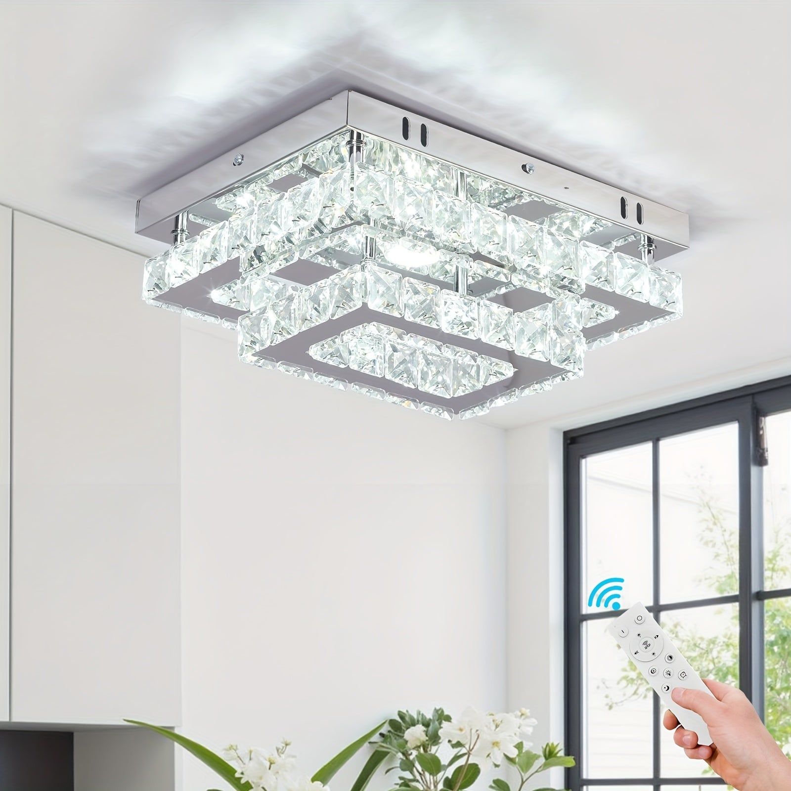 Modern rectangular crystal LED ceiling light, with K9 stainless steel, flush mount chandelier, suitable for living room, bedroom and dining room (dimmable)
