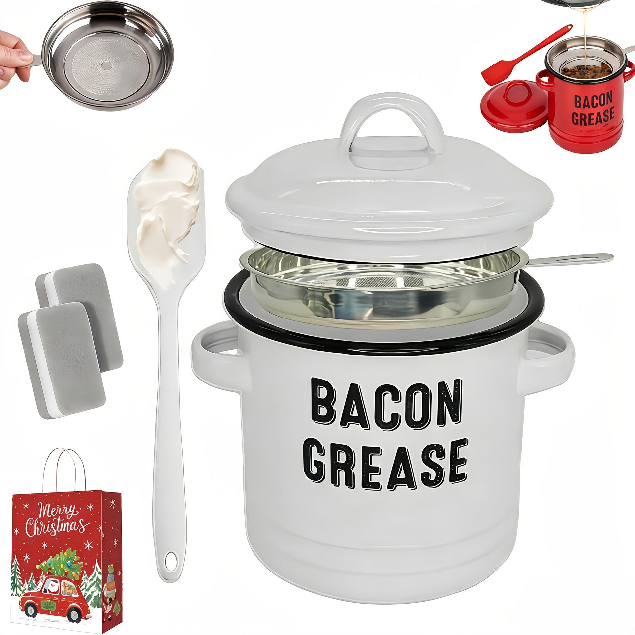 Grease Storage Can with Lid, Safe Pour Spout and Handle, Kitchen Cooking Oil Filter Storage Container, Household Frying Oil & Cooking Oil Filter Pot, Essential for Home Kitchen
