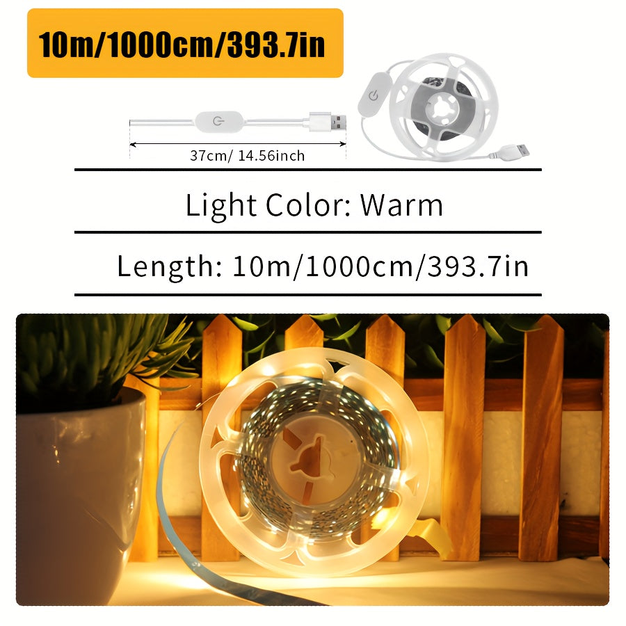 触摸开关USB直插LED灯带30LED/1M,长按可调节亮度，可自行DIY长度，适用于客厅卧室，天花板嵌入型氛围感暖色调照明