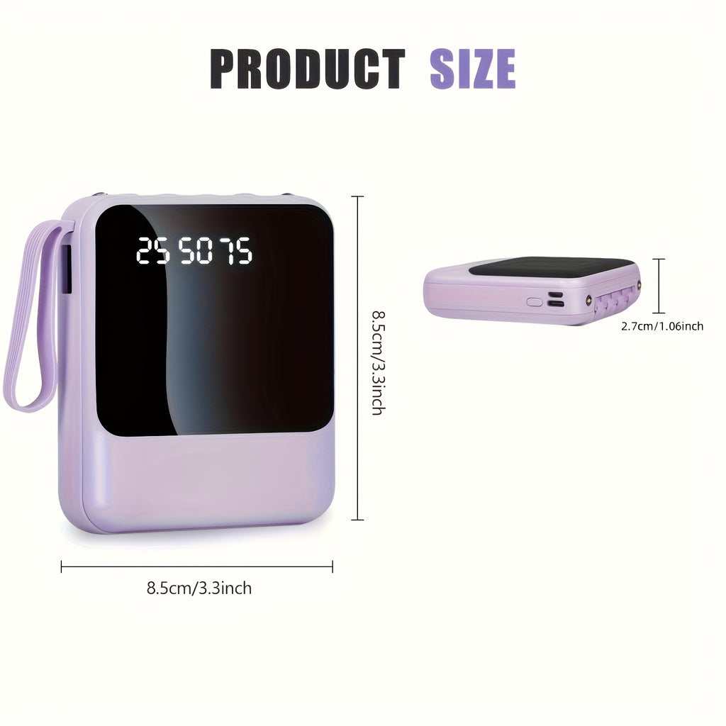 This Stylish And Compact 10, 000Mah Portable Power Bank Features Fast Charging at 5W, 15W, And 22.5W, with a Real-Time Battery Display And a Convenient Lanyard Design. It Includes a Bright LED Light And Comes with a Detachable 4-In-1 Cable