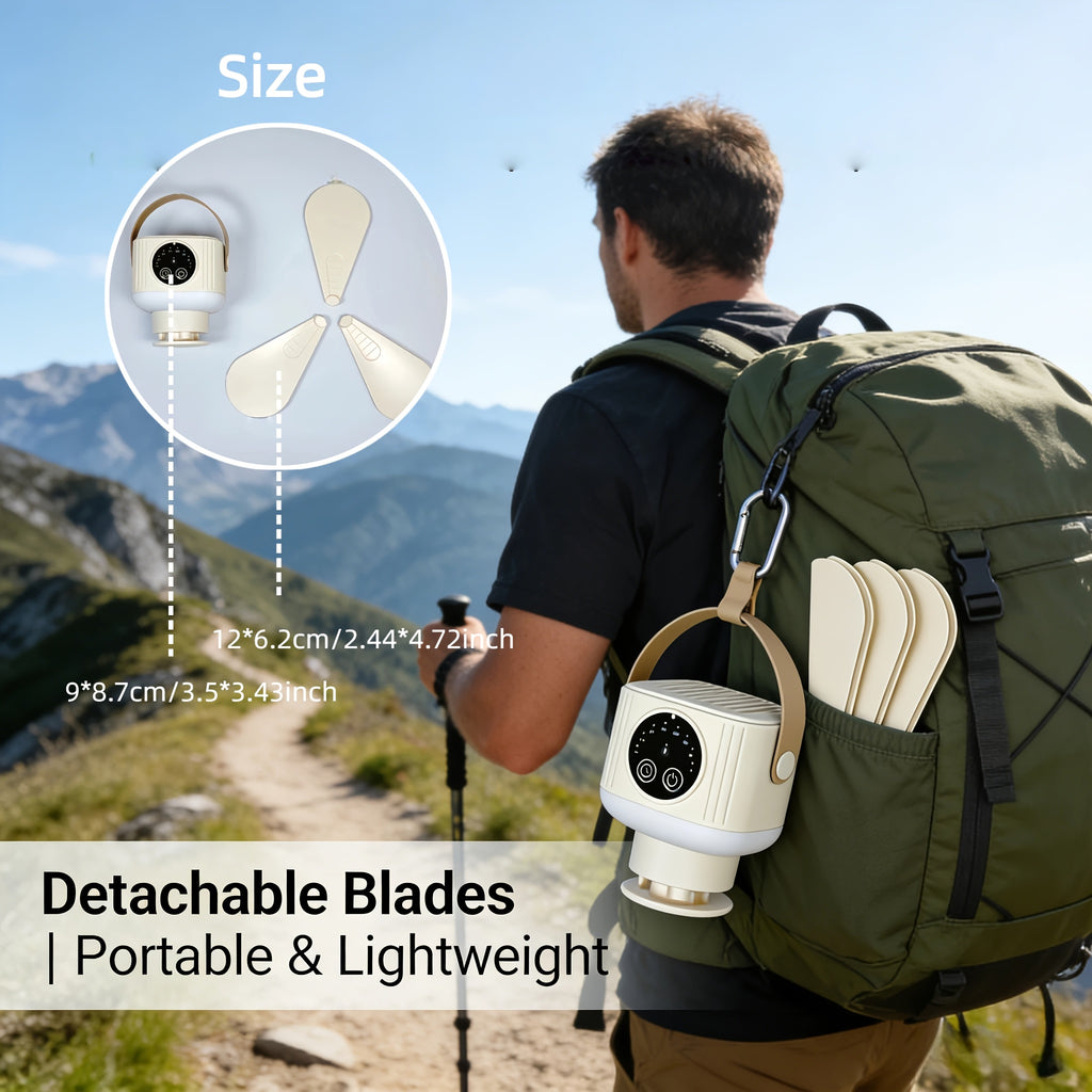 Portable Rechargeable Remote Control Small Hanging Fan with Light, Remote Operated, 4-Speed Adjustable, Quiet & Timer, 3-Level Night Light, Detachable Blades, Long-Lasting Battery, Safe for Outdoor Tents