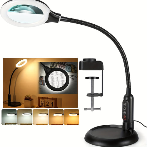 16-inch gooseneck arm, 10x magnifier lamp, adjustable swivel device with clamp, 5 light colors stepless dimming, 2-in-1 hands-free LED desk lamp, suitable for close-up work, office and other places