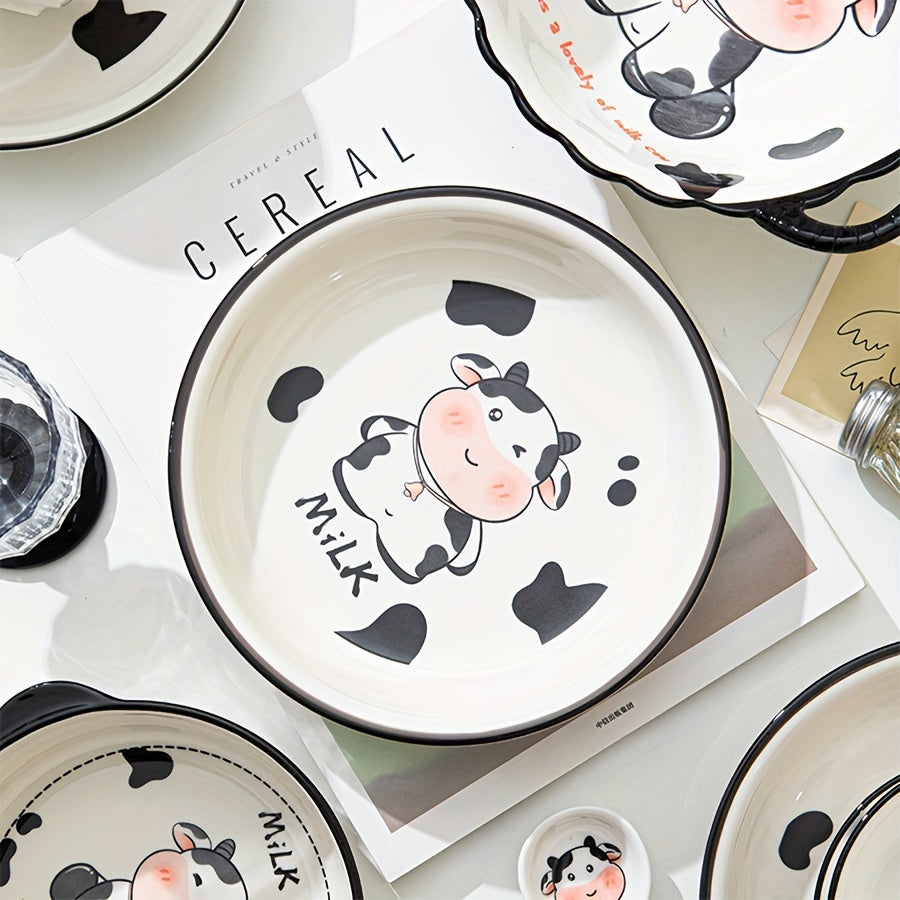 DUDU Cow Ceramic Dinnerware – 3/4pcs, Cute Cartoon Style, Rice Bowl / Salad Bowl / Soup Bowl / Handle Bowl, Small Spoon – Perfect for Dormitory or College Students