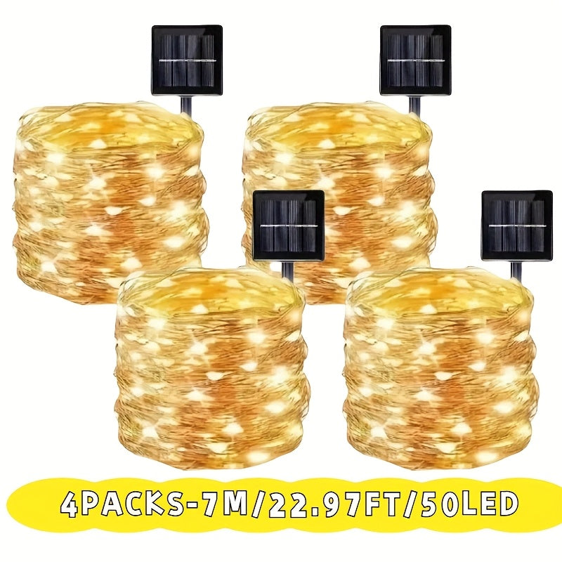 4包新款锂电太阳能软铜线灯串 ，IP54防水防尘，8种照明模式，自动夜间点亮，适用于庭院、树枝、篷布栏杆及室外装饰，户外防水太阳能灯串，节日氛围灯，可灵活摆放，耐用户外灯光，圣诞佳选