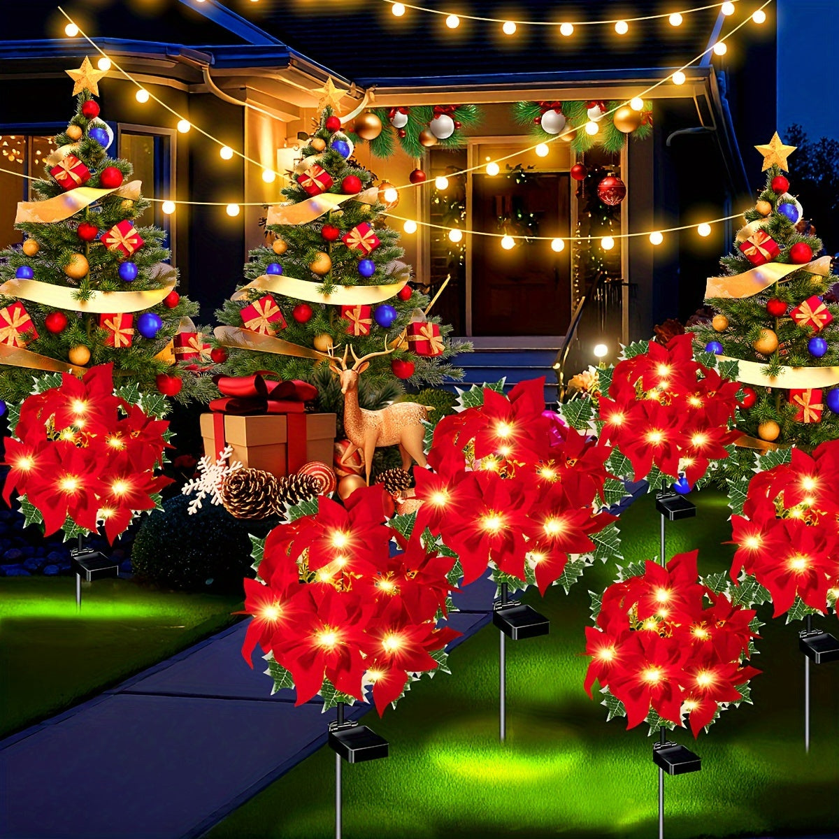 4-Piece Solar Poinsettia Christmas Garden Light - 7 LED Red Flowers and Green Leaves, Outdoor Holiday Decoration for Path, Garden, Lawn and Courtyard, Holiday Solar Charging Design, Solar Christmas Light