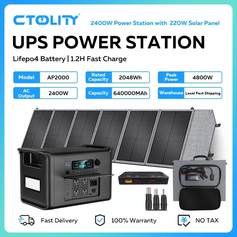 Ctolity 110W 太陽能板 (單體販售), 2400W/ 1800W/ 500W (峰值 4800W/ 3600W/1000W) 可攜式電源站, 2048Wh/ 1024Wh/ 345Wh LifePO4 電池, 400W/ 200W/ 100W 太陽能板可用於直接充電手機、筆記型電腦, UPS 功能