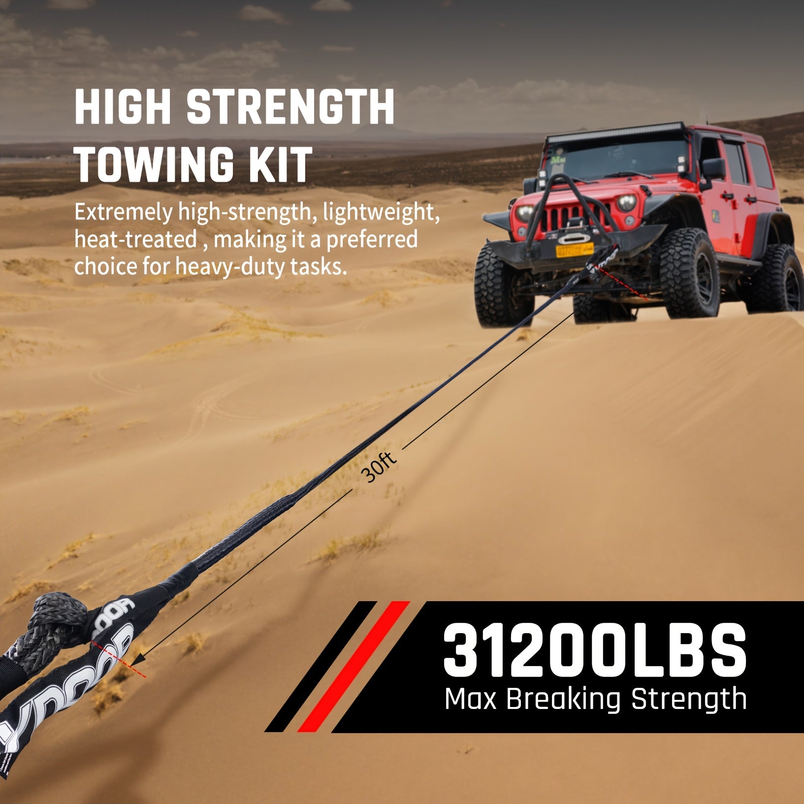 Tow Rope Kit, UHMWPE Synthetic Rope, Extended Recovery Strap, 31,200 lb Capacity, for Off-Road Vehicles 4WD, ATV, UTV, SUV, Includes Soft Shackle