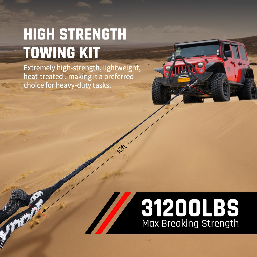 Tow Rope Kit – UHMWPE Synthetic Rope, Extended Recovery Strap, 31,200 lb Capacity, for Off-Road Vehicles, 4WD, ATV, UTV, SUV, Includes Soft Shackle