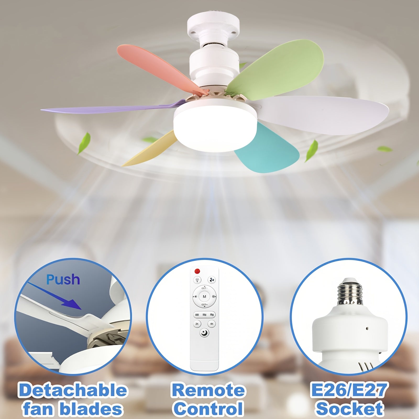 Remote Control Ceiling Fan Light, Integrated LED Lighting & Fan, 3-Speed Quiet Wind and 3 Color Temperature Adjustment 3000K-4500K-6500K, Tool-Free Installation & Timing Function, E26/E27 Interface 6-Blade Fan Light