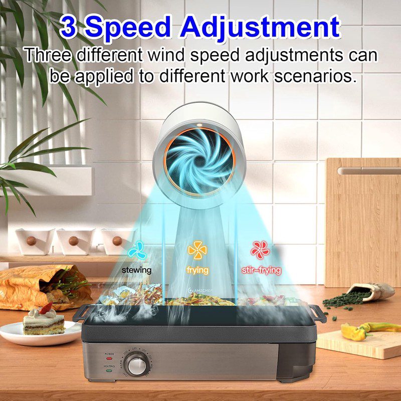 Portable Range Hood | Desktop Exhaust Fan with 3 Speeds, Large Low-Profile Oil Cup, Removable Aluminum Filter, Ideal for Indoor BBQ & Hot Pot