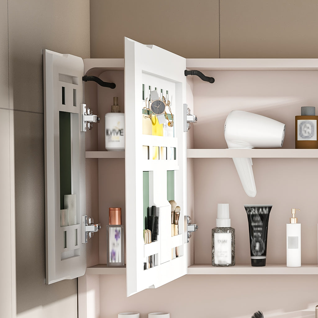 Stone 35"x28" Aluminum Bathroom Mirror Cabinet with Smart LED Lighting & Anti-Fog - Wall Mount Vanity Mirror with Cosmetics Shelf & Hair Dryer Holder, Khaki