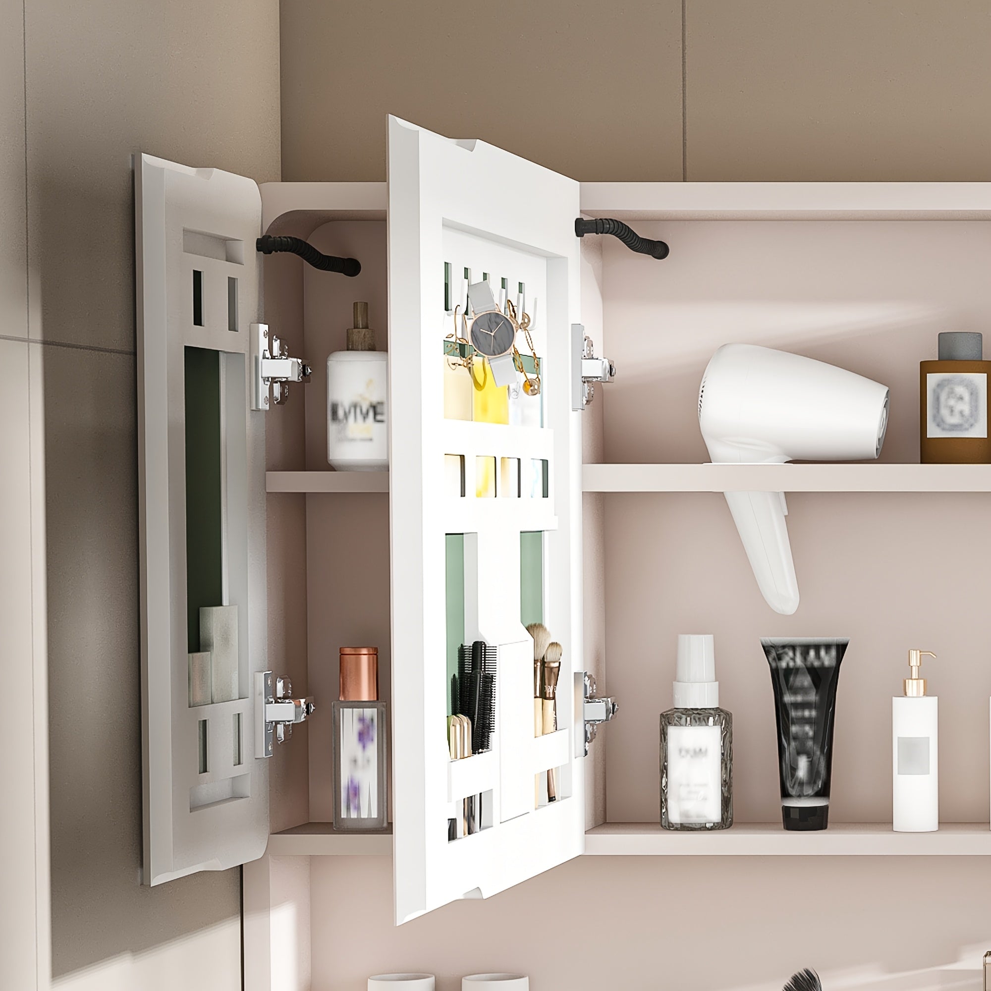 Stone 35"x28" Aluminum Bathroom Mirror Cabinet with Smart LED Lighting & Anti-Fog - Wall Mount Vanity Mirror with Cosmetics Shelf & Hair Dryer Holder, Khaki