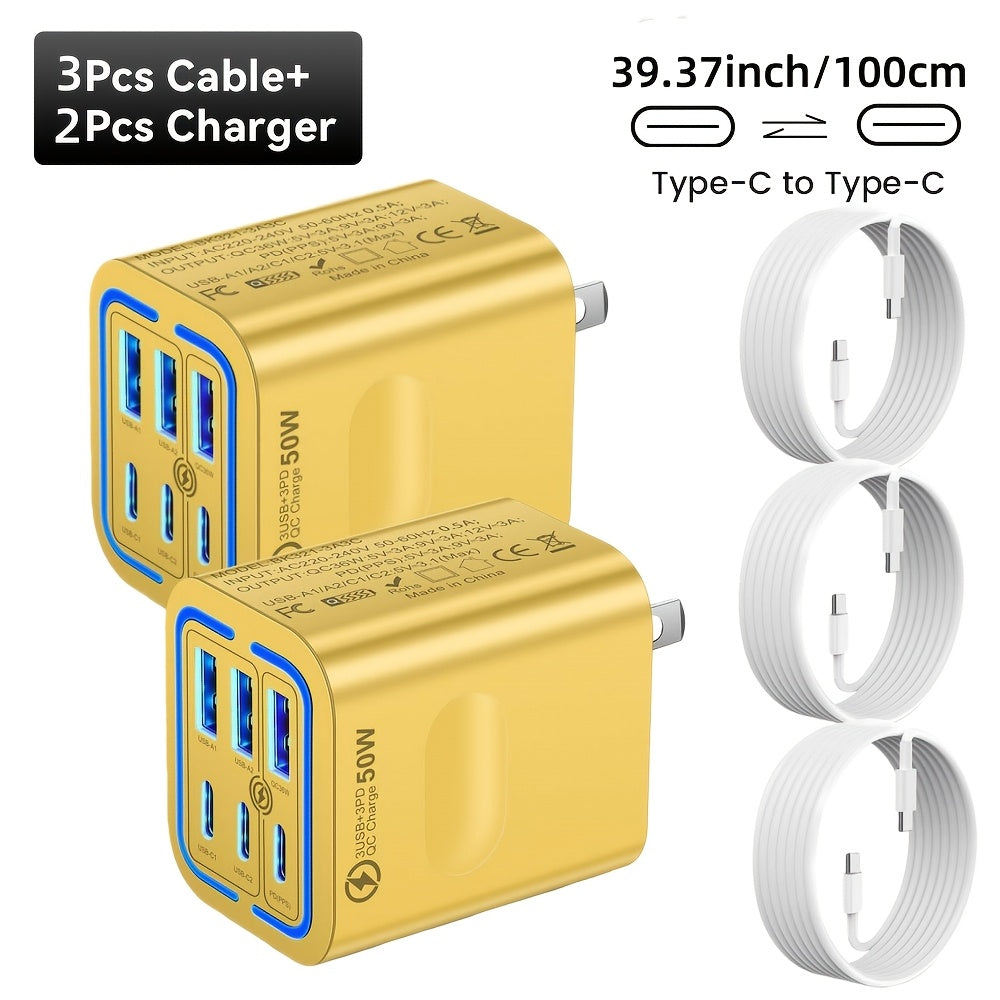 50W Type-C Fast Charging Mobile Phone Charger with C-C Cable | 6-Port PD USB C + QC 3.0 Multi-Port Wall-Mounted Multi-Device Fast Charging Plug, Portable and Compact, Compatible with for iphone 17/16/15/14/13/12 Pro Max, iPad, Galaxy, Xiaomi
