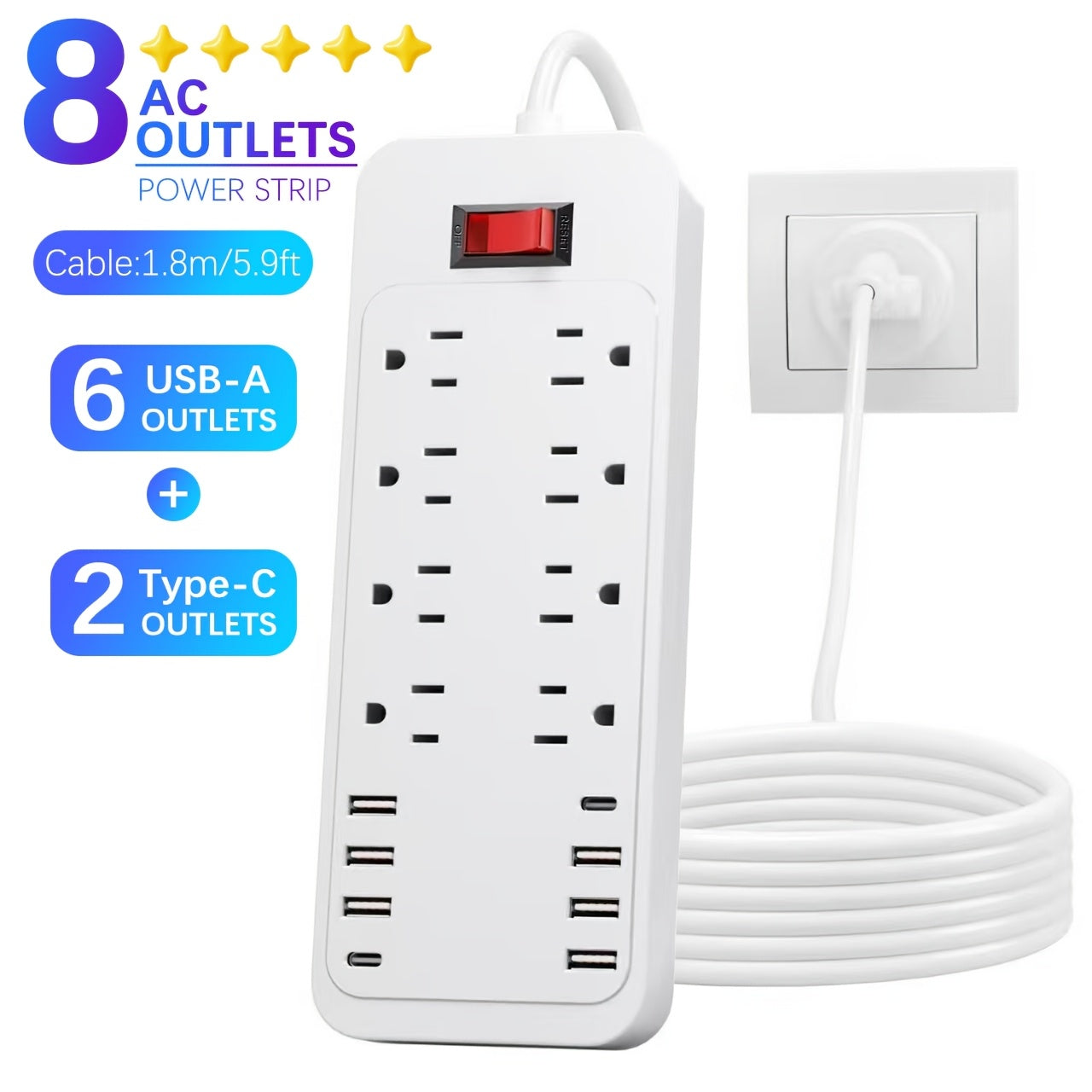 0.26Ft And 5.9Ft 16-In-1 Power Outlet with Surge Protection And Multiple Outlet Extension Cords with 8AC Outlets, 6 USB Ports And 2 Type-C Ports On/Off Control Buttons. Available in Black And White. Ideal for Offices, Kitchens
