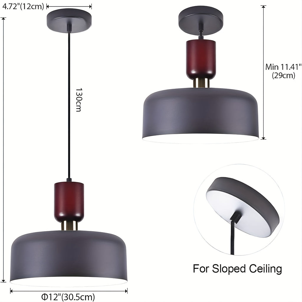 Nordic modern wood metal decorative pendant light - suitable for dining room, kitchen island, sloped ceiling, height adjustable, 12-inch diameter black and white drum lampshade (bulb not included)