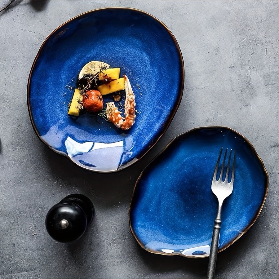 4-Pack Cat‘s Eye Blue Nordic Ceramic Food Plate – Home Pottery Irregular Dinnerware, Salad Platter Tableware