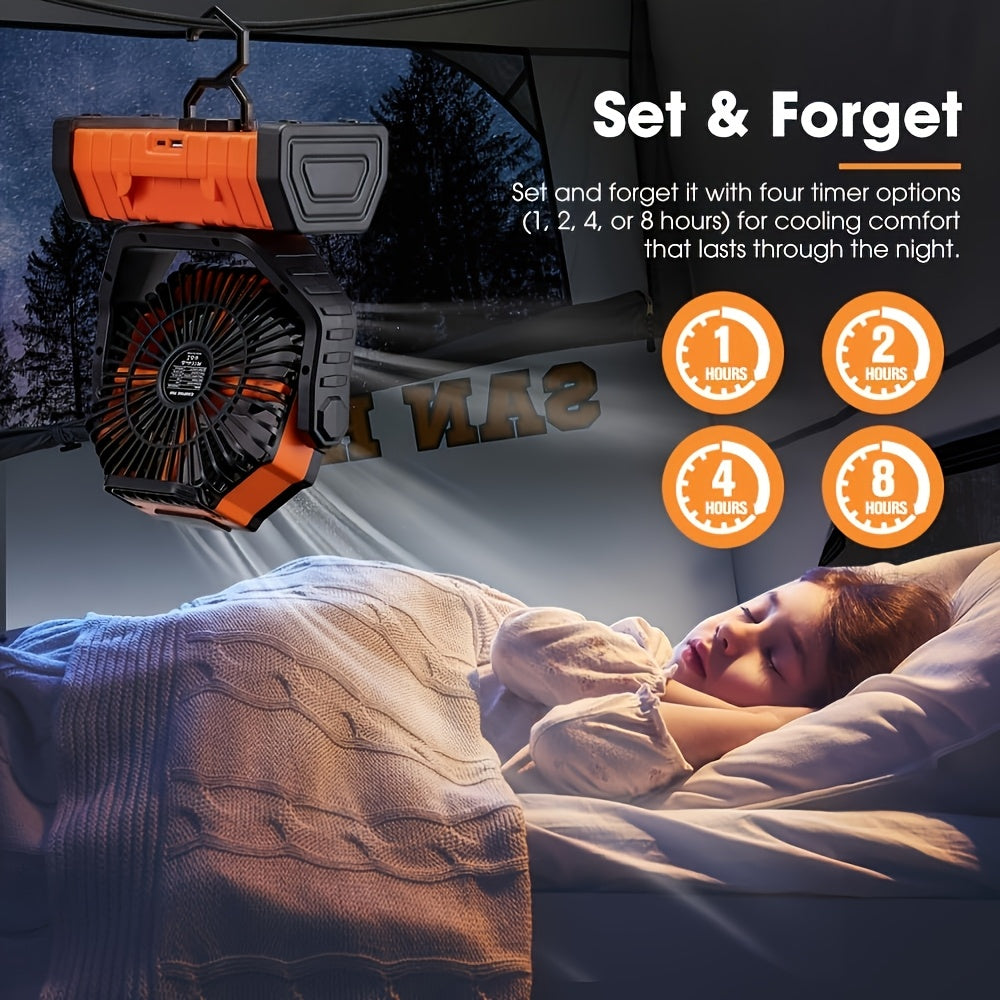 3-in-1 Rechargeable Fan with Charging Lighting and Fan Function, Battery Powered Camping Fan, Portable LED Lantern Camping Fan, 4 Speed Rotatable Rechargeable Fan for Tent, BBQ and Travel Use