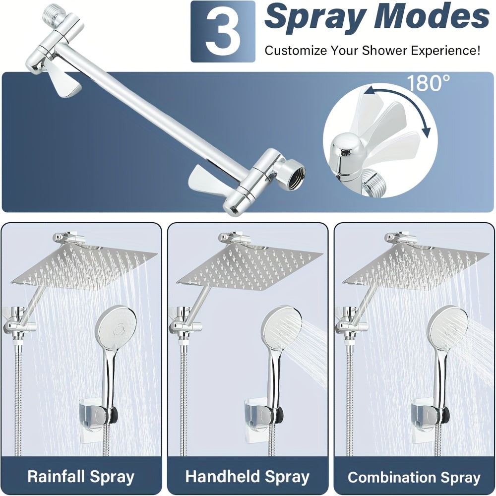 High Pressure Rain Shower & Handheld Combo - 4 Settings, 13" Extension Arm, 78" Hose, Fully Adjustable Height & Angle