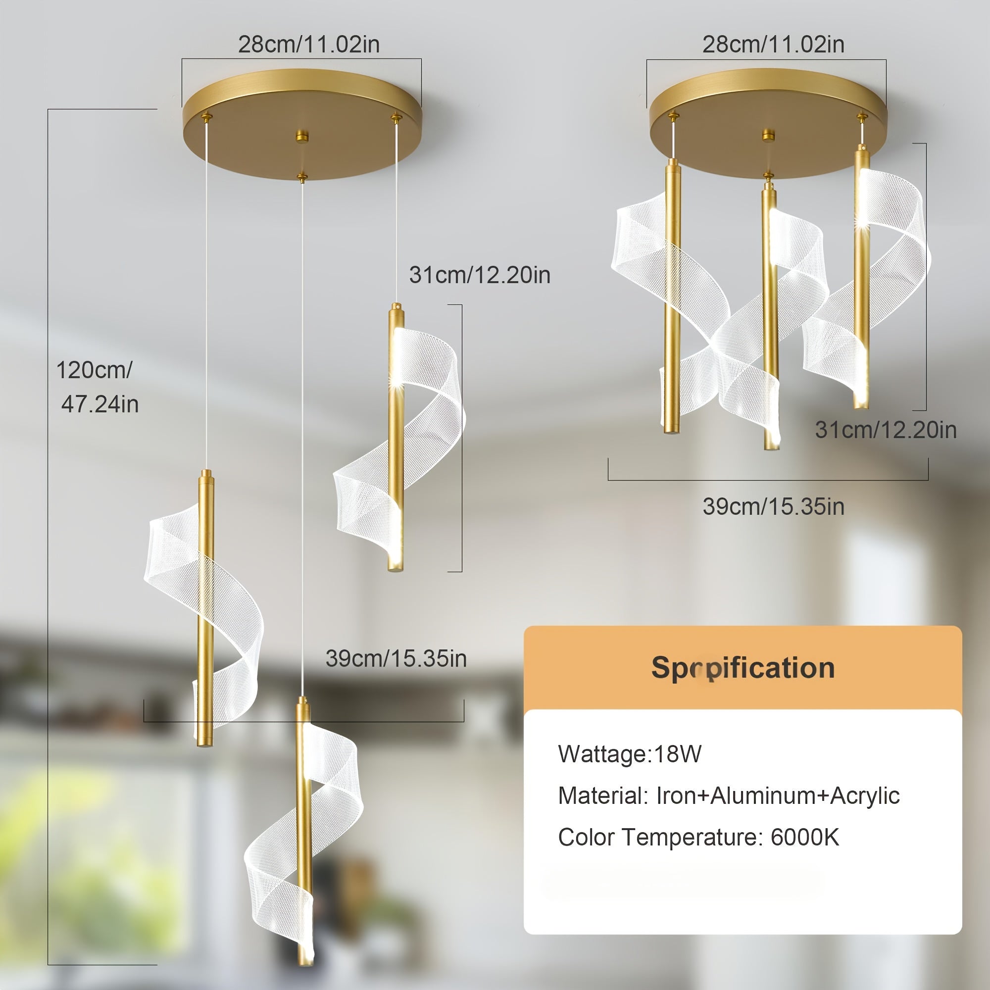 Ganeed modern ceiling gold pendant light, LED 6000K cool white 3-light pendant light, 18W height-adjustable semi-flush mount pendant lighting fixture, suitable for kitchen island, dining table, living room