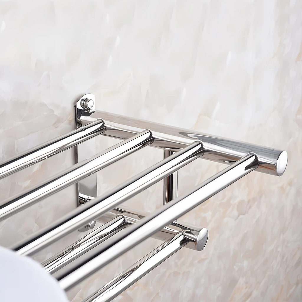 1pc Wall Mount Bathroom Double Layer Shelf - 19.69" Long, Easy Install with 5 Hooks, Polished Mirror Finish, Wide Spacing for Ventilation & Drying, for Home Bathroom, Hotel Toilet