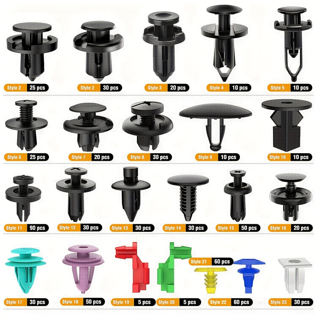 725-Piece Automotive Retainer Clip and Plastic Fastener Assortment, Includes 16 Common Sizes of Nylon Bumper and Fender Rivets, Comes with 10 Cable Ties and Removal Tool – Made of Durable Insulated Material for Automotive and Industrial Use