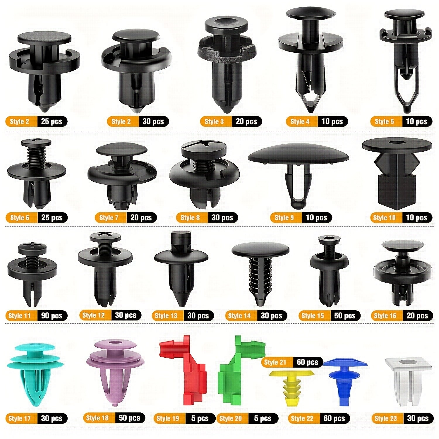 725-Piece Automotive Retainer Clip and Plastic Fastener Assortment, Includes 16 Common Sizes of Nylon Bumper and Fender Rivets, Comes with 10 Cable Ties and Removal Tool – Made of Durable Insulated Material for Automotive and Industrial Use