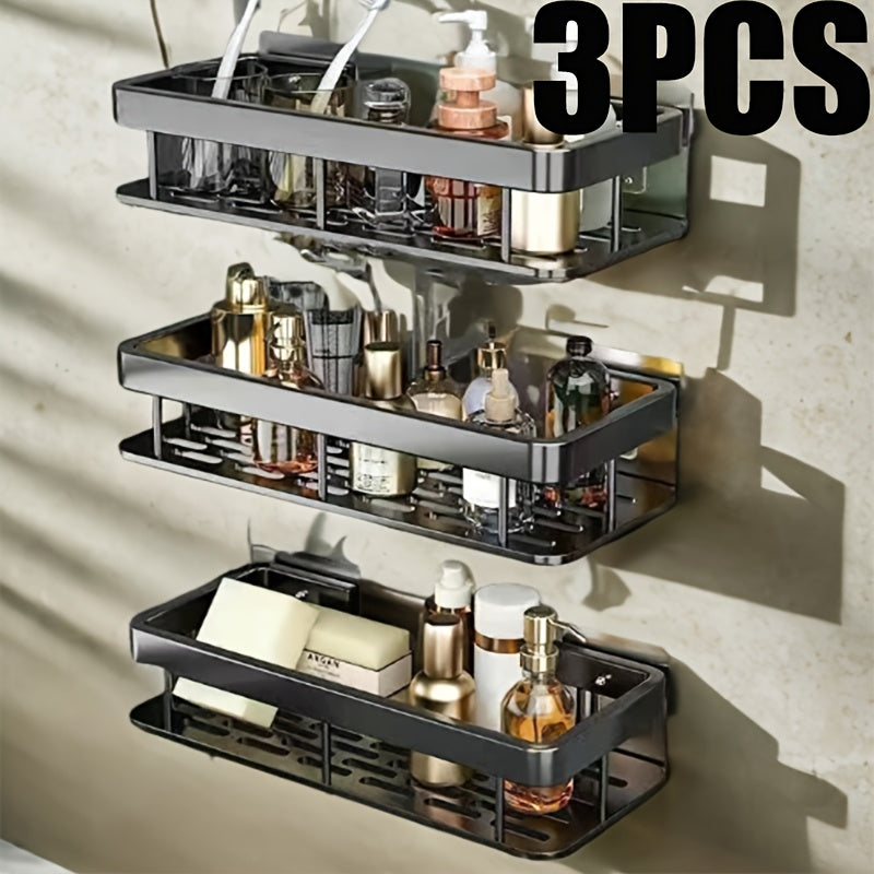 1/2/3-Piece Metal No-Drill Bathroom Shelf - Thickened & Easy Install, Wall Mount Storage Rack, Large Capacity Black-Silver Multi-Functional Holder for Bathroom & Toilet