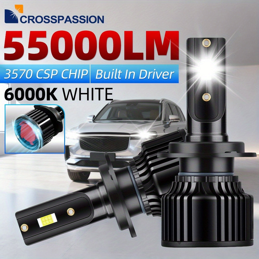 CROSSPASSION 55000 Lumens LED Headlights, Compatible with 9005 HB3 9006 HB4 H1 H4 H7 H11 H13 9007 High/Low Beam Bulbs, 3570 CSP Chip, 6000K White Light, Built-in Driver Plug-and-Play, 2-Pack