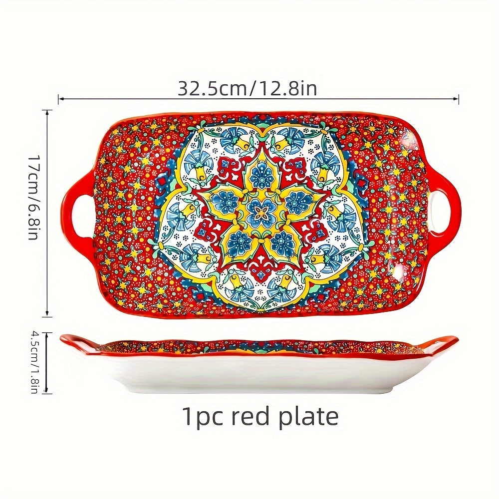 1 Piece Ceramic Bohemian Style 12.8-Inch Fish Plate with Double Handles – Kitchen Serving Platter – Rectangular Baking Dish Safe for Microwave & Oven