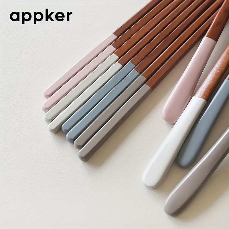 Appker Japanese Wooden Dinnerware Set 4-Piece – Colorful Long Handle Spoon & Chopstick Set – Handcrafted Reusable Cutlery Set for Halloween