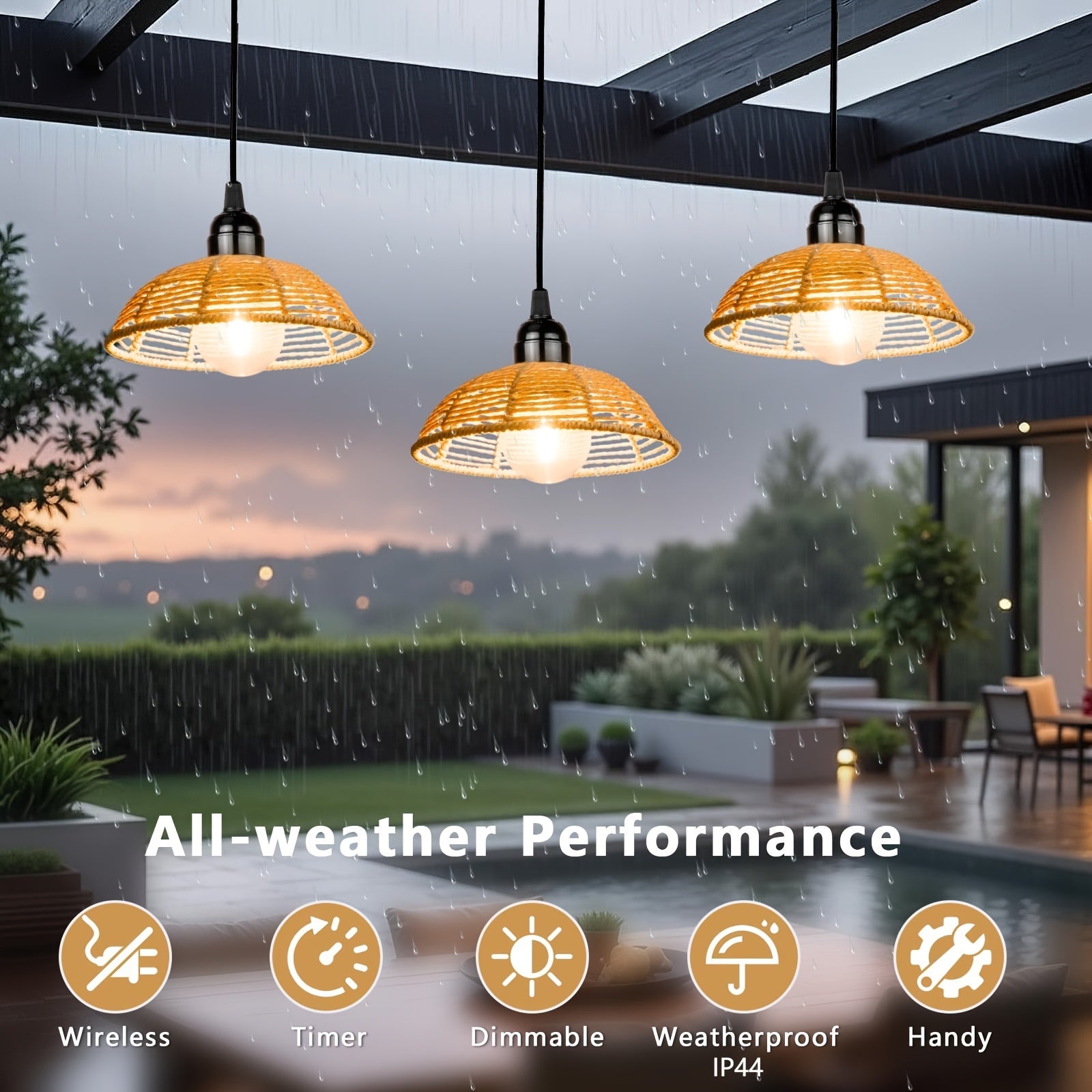 3-Piece Battery Operated Gazebo Pendant Light, Bohemian Handwoven Pendant Lamp, Indoor Lantern Powered by 4 AA Batteries with Timer, Gift and Decoration for Patio, Garden, Living Room, Bedroom