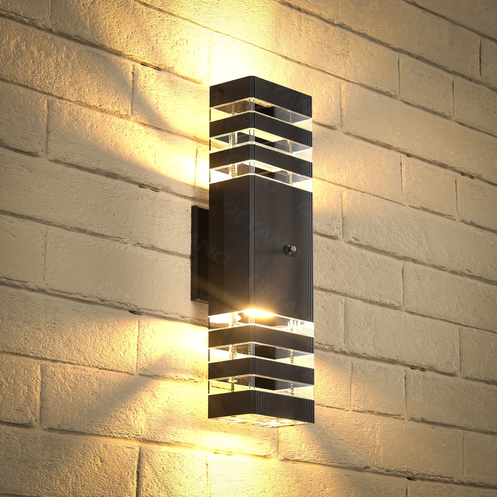 GEYANG Dusk to Dawn Outdoor Wall Light, Modern Square Aluminum Outdoor Lighting Fixture, 3-Layer Black Waterproof Wall Light with Up and Down Light, Suitable for Home Garage, Patio, Garden (Bulb Included)