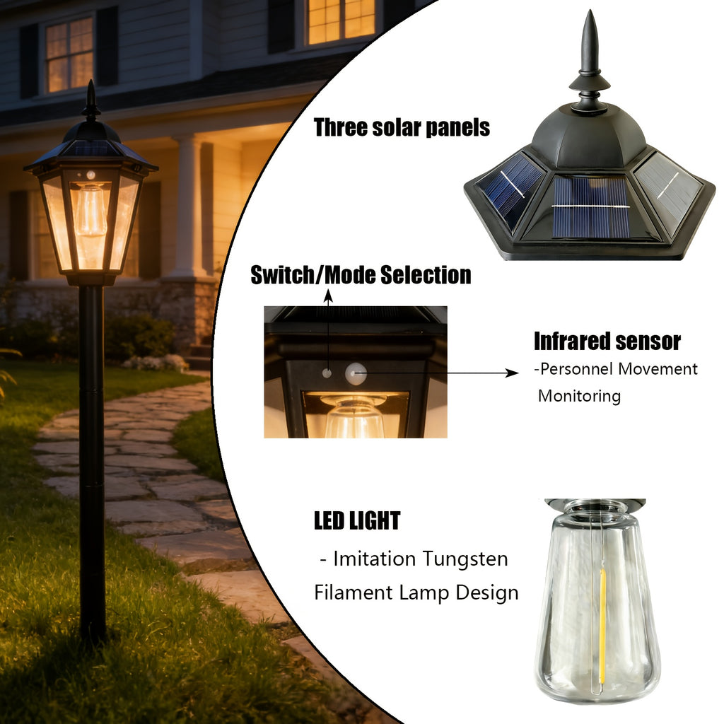 Large Solar Street Light with Motion Sensor and Smart Control, European Lantern Style Black LED Outdoor Light, Height 3.94ft, IP65 Waterproof, Durable Plastic and Long-Lasting Battery, Perfect for Courtyard, Garage, Door, Garden, Square, Street