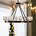 Matte black + gold wagon wheel pendant light, farmhouse modern small crystal round chandelier, suitable for living room, kitchen island, foyer, hallway, entryway, bedroom, rustic dining room lighting ceiling hanging