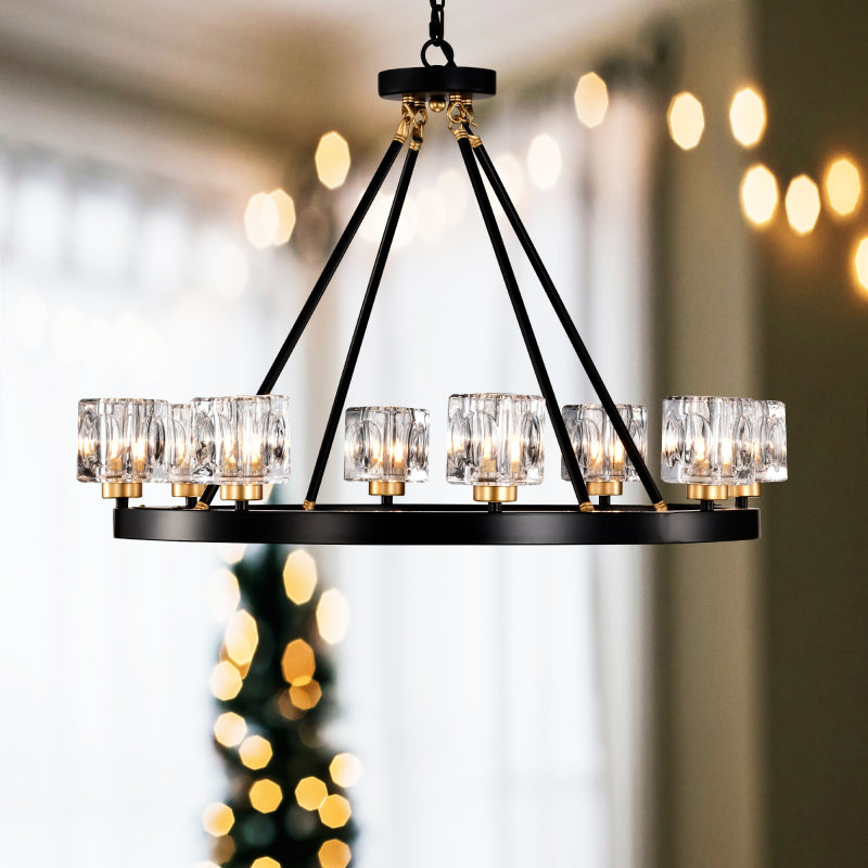 Matte black + gold wagon wheel pendant light, farmhouse modern small crystal round chandelier, suitable for living room, kitchen island, foyer, hallway, entryway, bedroom, rustic dining room lighting ceiling hanging