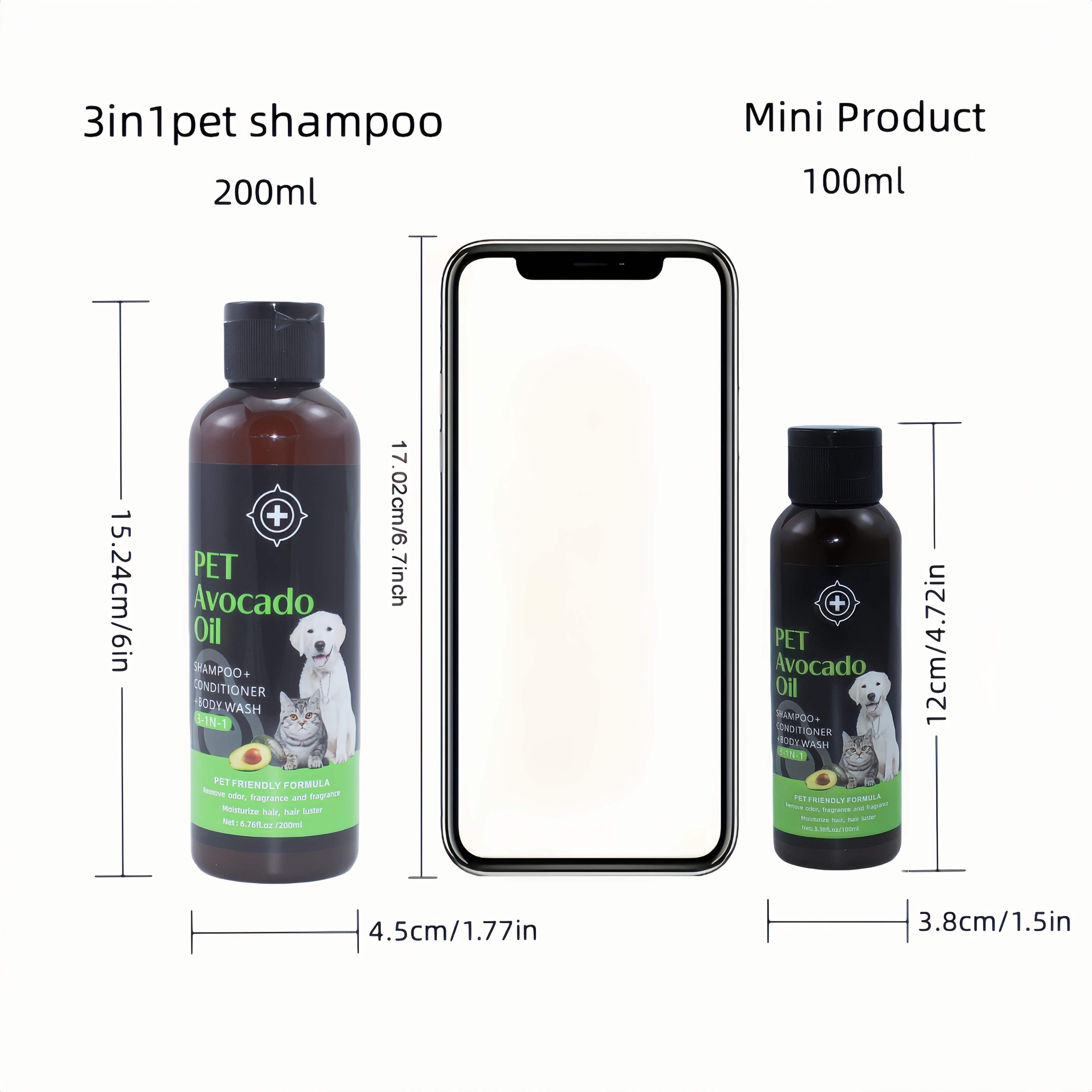 宠物洗发水牛油果3合1洗发水+护发素+沐浴露，适用于狗和猫，全面清洁，天然植物成分，除臭，保湿，增强毛发光泽