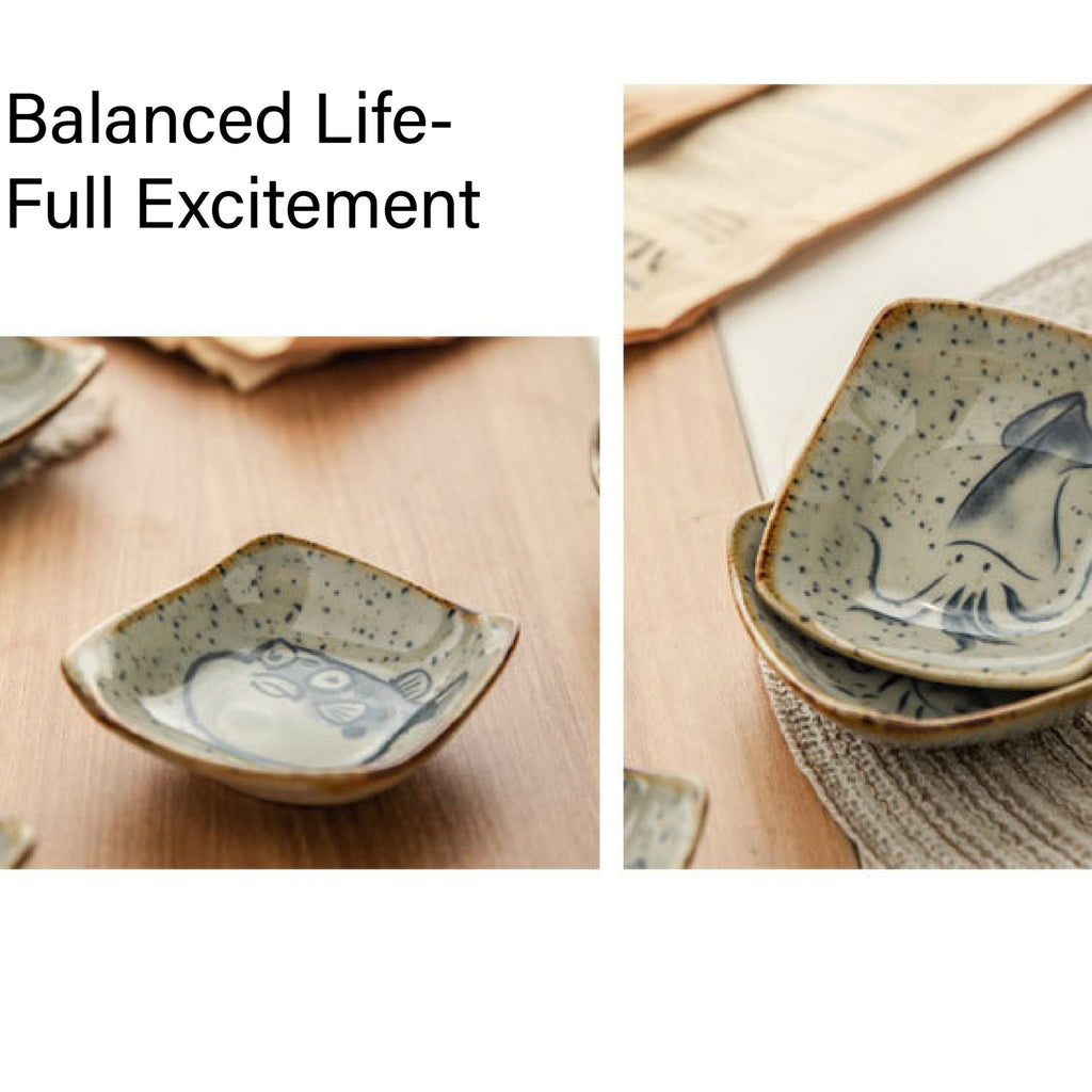 6pcs Cartoon Archaistic Square Ceramic Sauce Dish, Dip Dish, Soy Sauce Dish, Sushi Dish