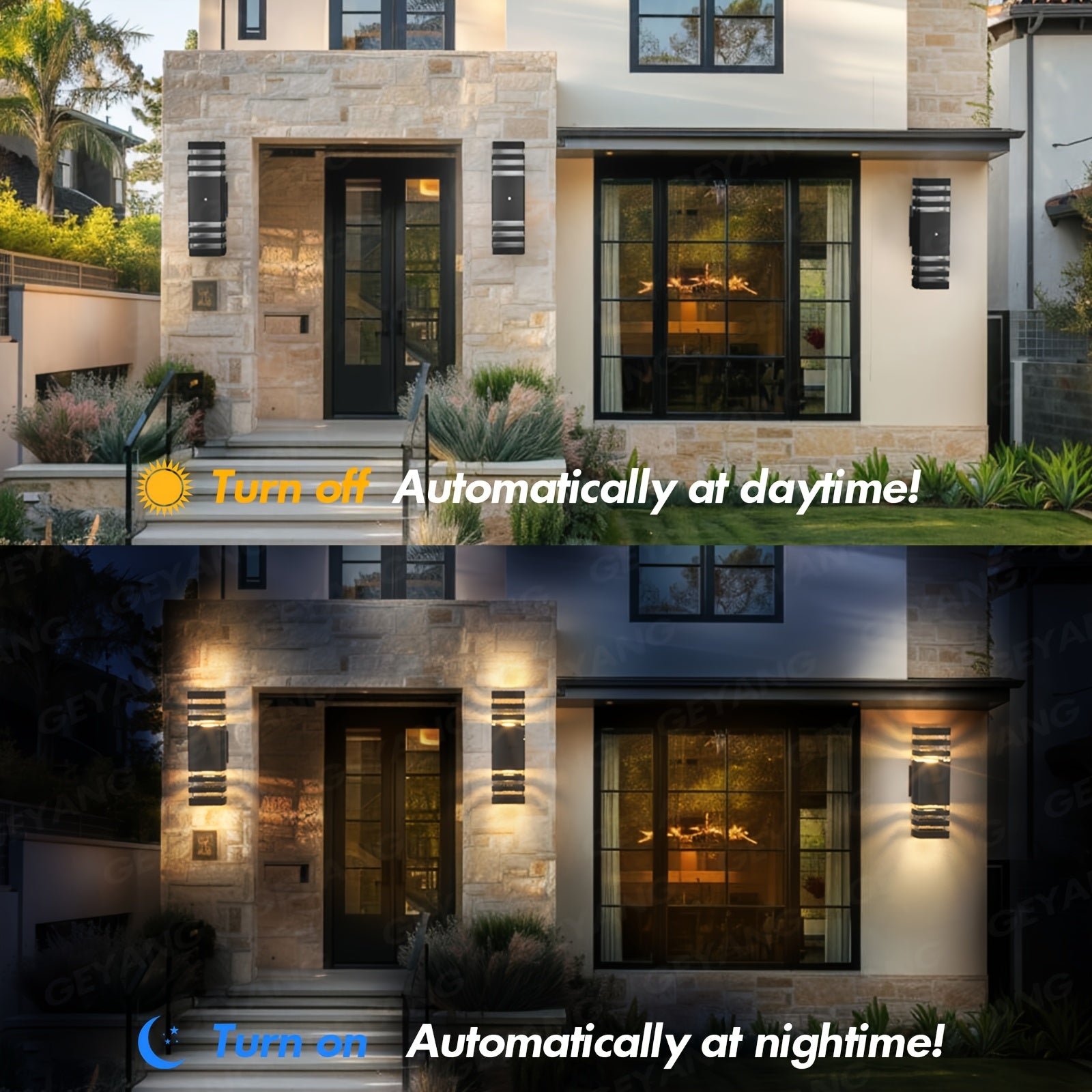 GEYANG Dusk to Dawn Outdoor Wall Light, Modern Square Aluminum Outdoor Lighting Fixture, 3-Layer Black Waterproof Wall Light with Up and Down Light, Suitable for Home Garage, Patio, Garden (Bulb Included)