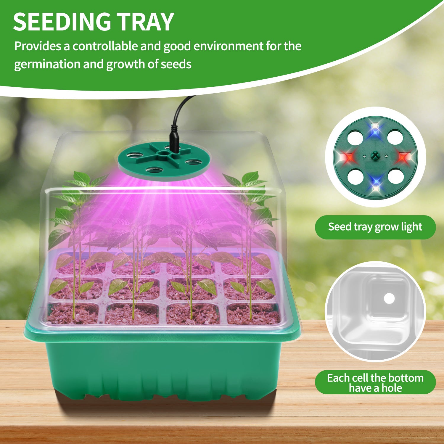 Seedling Tray with Grow Light, Drainage Holes Design, USB Powered LED Plant Grow Light, Ideal for Indoor Seedlings Flowers Greenhouse Plant Tray