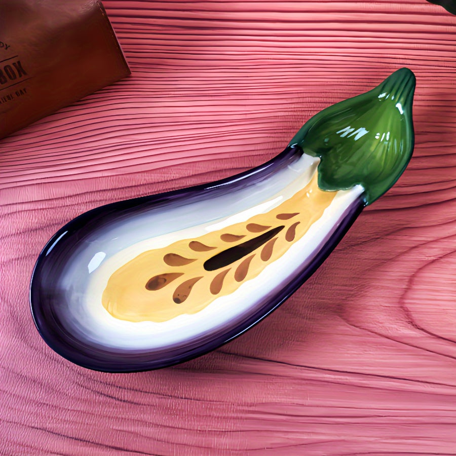 1 Piece Frank Exhibition Inspired Ceramic Eggplant Plate – Creative Purple & Green Vegetable-Shaped Tray, Perfect for Fruit, Snacks & More – Glossy Finish, Ideal for Home Use & All Seasons