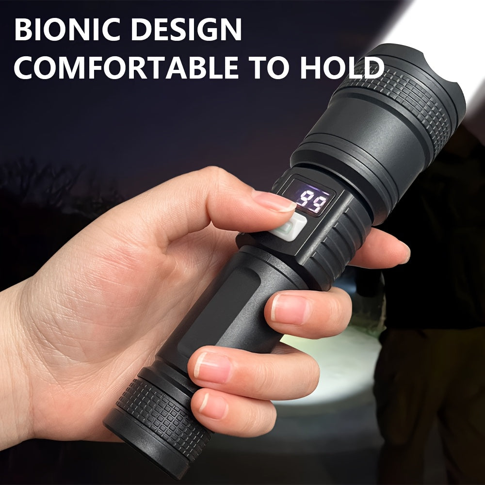 1Pc Super Bright Tactical Rechargeable LED Flashlight, 3 Lighting Modes, Digital Display Screen, Durable & Long Lasting, Ideal for Outdoor Enthusiasts, Hiking, Hunting, Camping and Other Lighting Needs