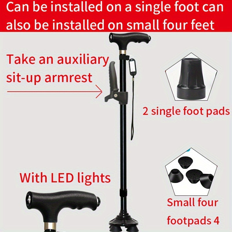 四脚拐杖带灯，防滑拐杖，多功能，可伸缩调节高度，铝合金材质，登山杖