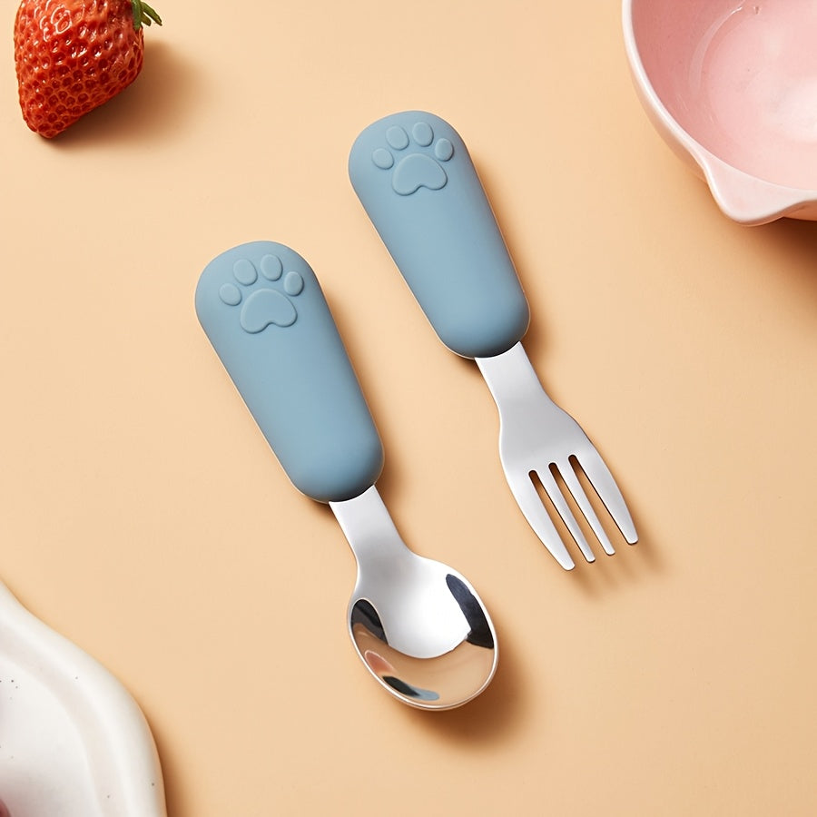 1/2 Set Bear Paw Shape Children's Short Handle Fork & Spoon Set – 304 Stainless Steel Non-Slip Grip | Baby & Toddler Self-Feeding Training Cutlery, Learning Meal Training Utensils